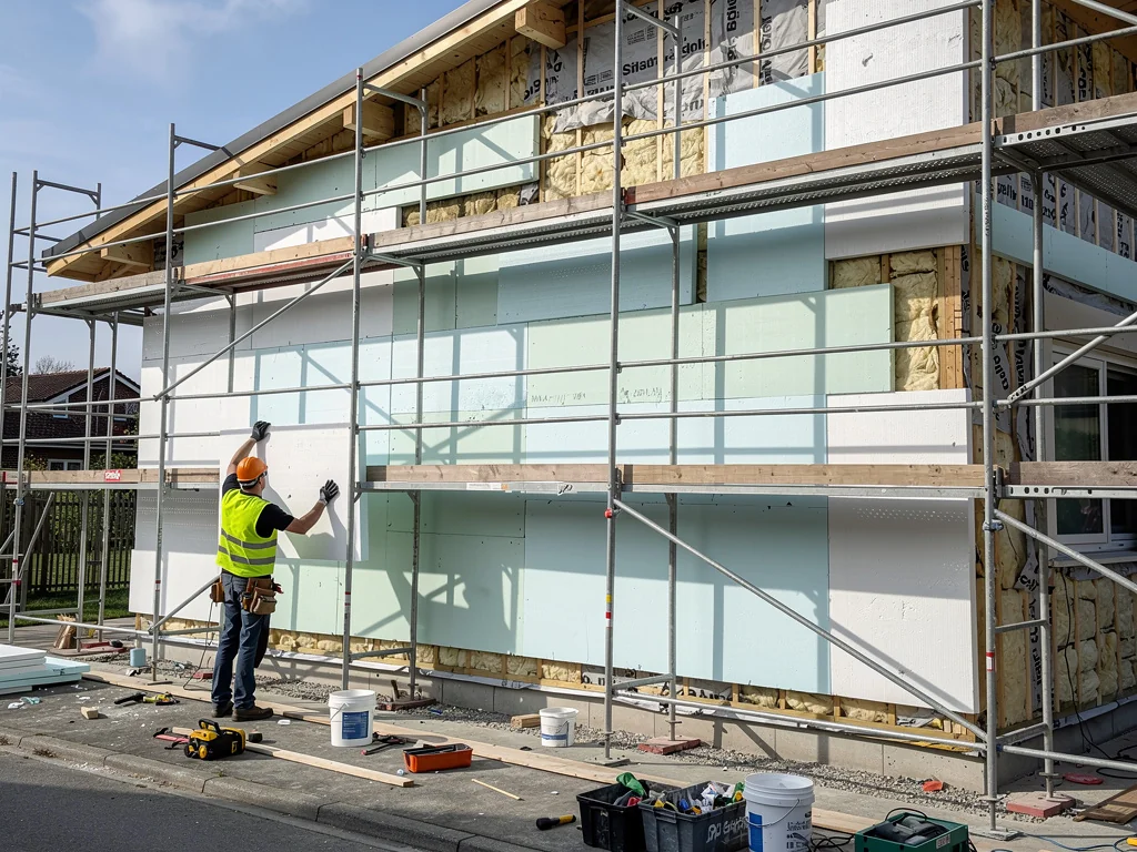 Pose des panneaux isolants sur une façade équipée d'un échafaudage
